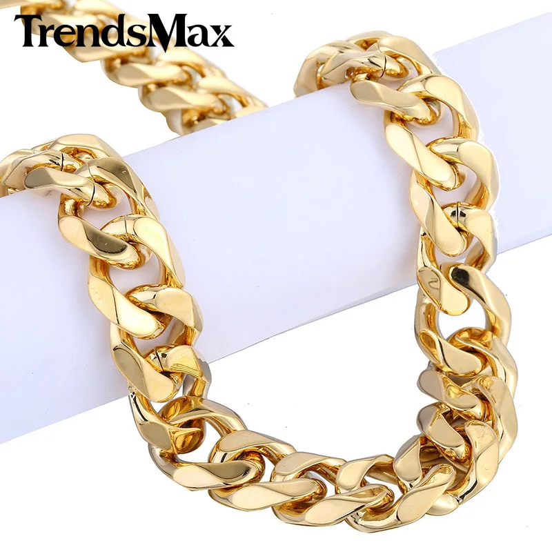 Trendsmax 15 мм широкий бордюр кубинское звено золотого цвета из нержавеющей стали ожерелье Мужская цепочка