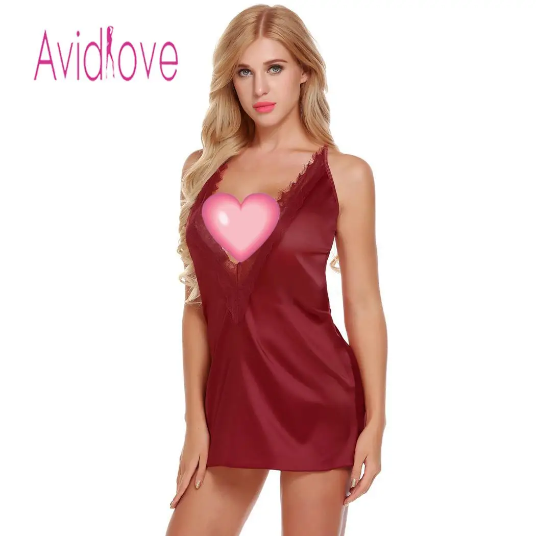 Женское ночное платье Avidlove пикантная атласная сорочка с кружевной отделкой и