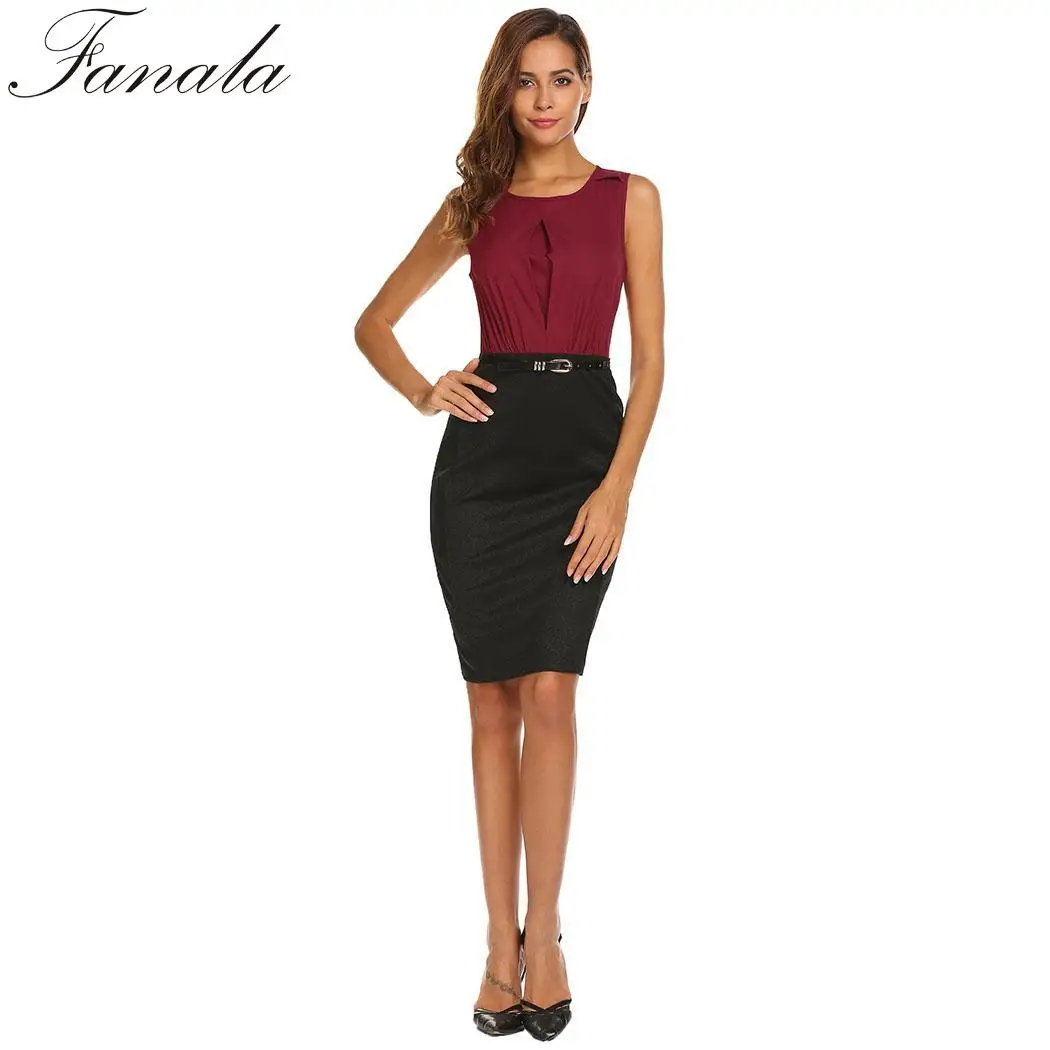 Работы без рукавов Лоскутная ПР Для женщин вечерние Bodycon Карандаш платье ж/ремень