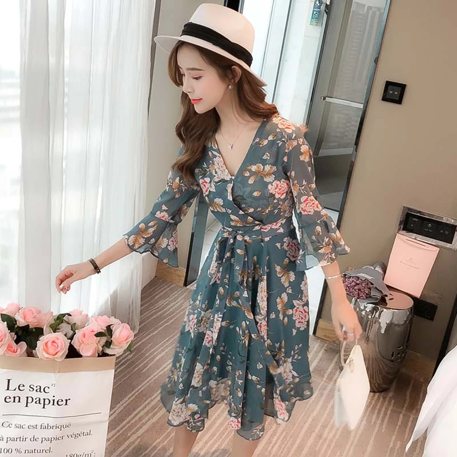 Huti wjwyl New Floral Print Sweet Chiffon Fresh Dress Women V-Neck Party Half Sleeve Lady Beach Holiday A-Line Vestidos | Женская одежда