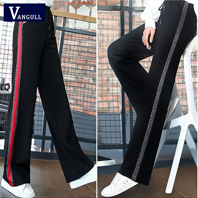 VANGULL, женские штаны, новинка, модные, женские, на каждый день, высокая талия, бандаж, свободные, в полоску, широкие, длинные штаны, боковые, в полоску, брюки