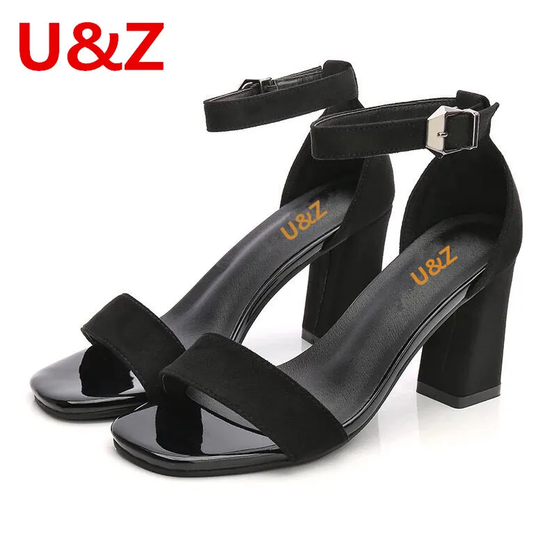 

Fashion Black/Burgundy Suede leather Sandals pumps,Roman Tide one buckle block heels Summer peep toe shoes women 70mm high heels