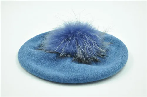 Blue match fur Женские береты, шапка, зимние женские Повседневные вязаные шерстяные береты с натуральным мехом енота, весенние женские одноцветные береты, шапки - Цвет: Blue match fur
