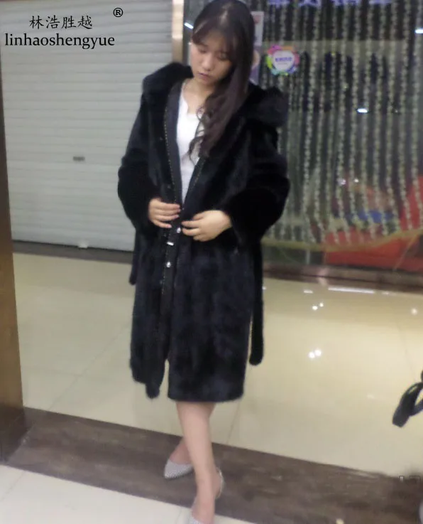

Linhaoshengyue 100CM Long Mink Fur Coat with Hood