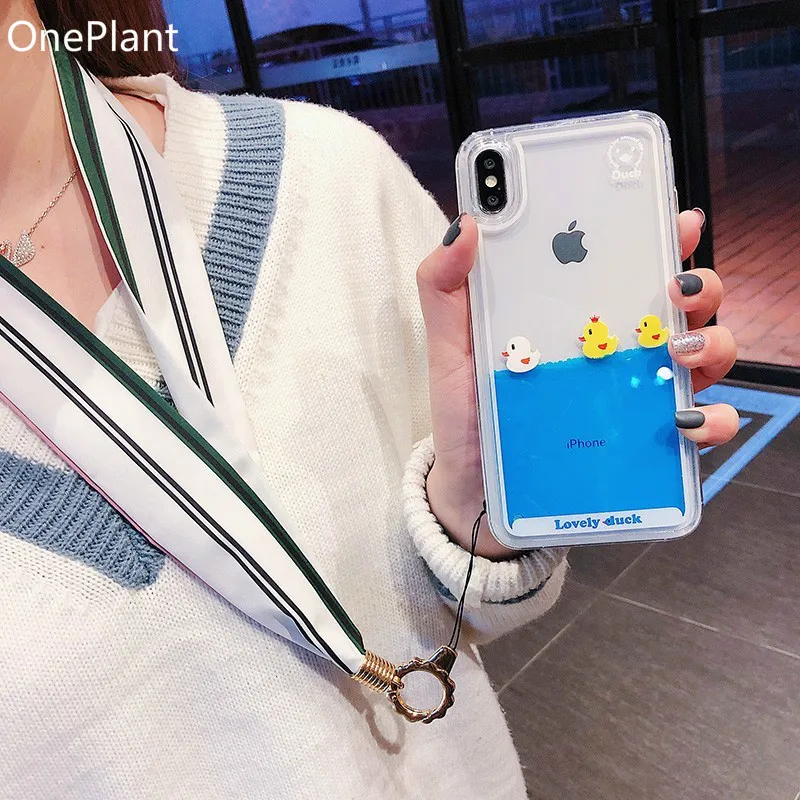 1Hanging rope case Чехол для телефона с мультипликационным принтом для iPhone 11 Pro Max X XR XS MAX 3D плавающая утка динамическая жидкость зыбучие пески для iPhone 5S 6 6s 7 8 Plus - Цвет: 1Hanging rope case