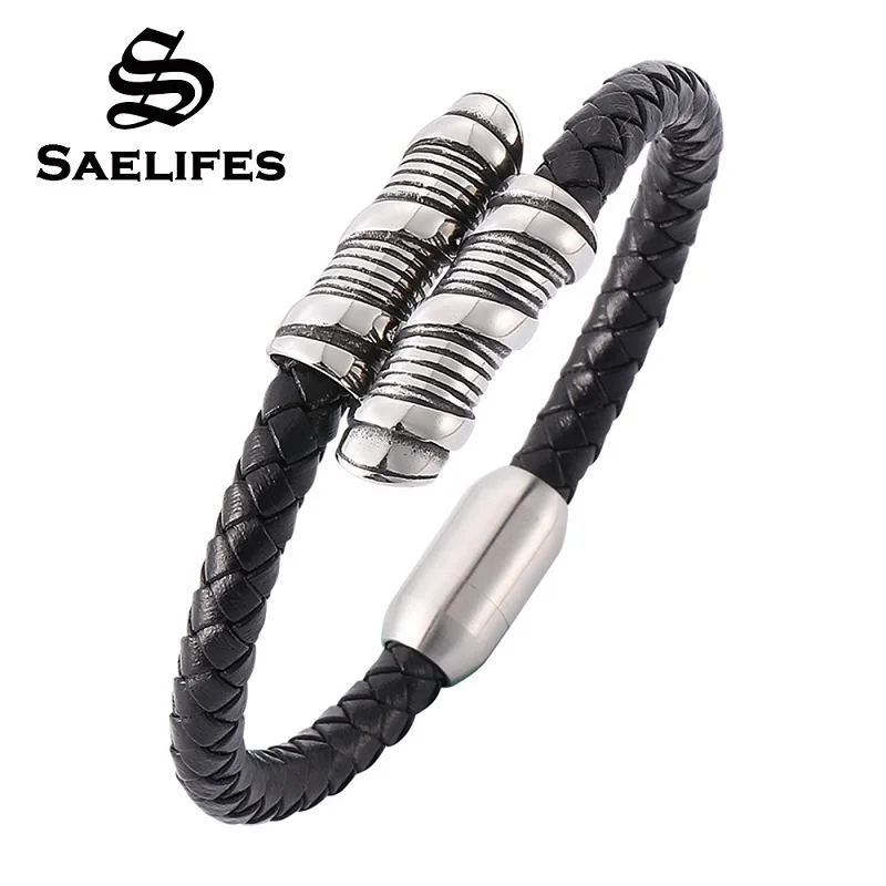 Модный дизайн мужской браслет из нержавеющей стали черный натуральной кожи с