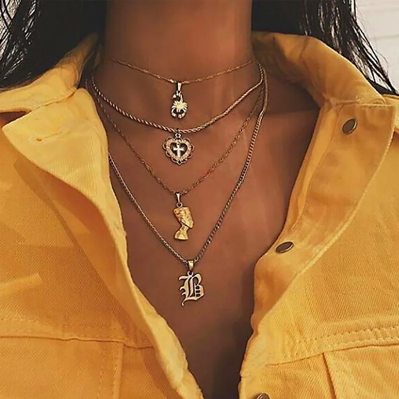 trendytime new bohemian geometric gold fash multi layer pendant necklace for women jewerly fashion cross charm chain | Украшения и