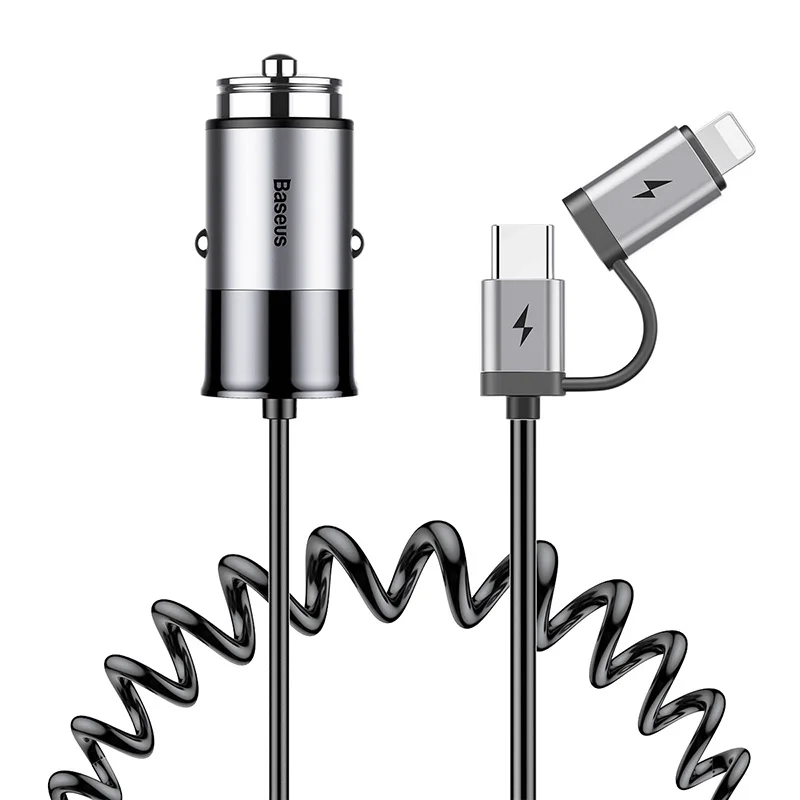 Baseus 2 в 1 USB C автомобильное зарядное устройство usb type C пружинный кабель USB C кабель зарядное устройство для телефона адаптер для iPhone X 8 samsung USB Автомобильное зарядное устройство - Тип штекера: Dark Grey