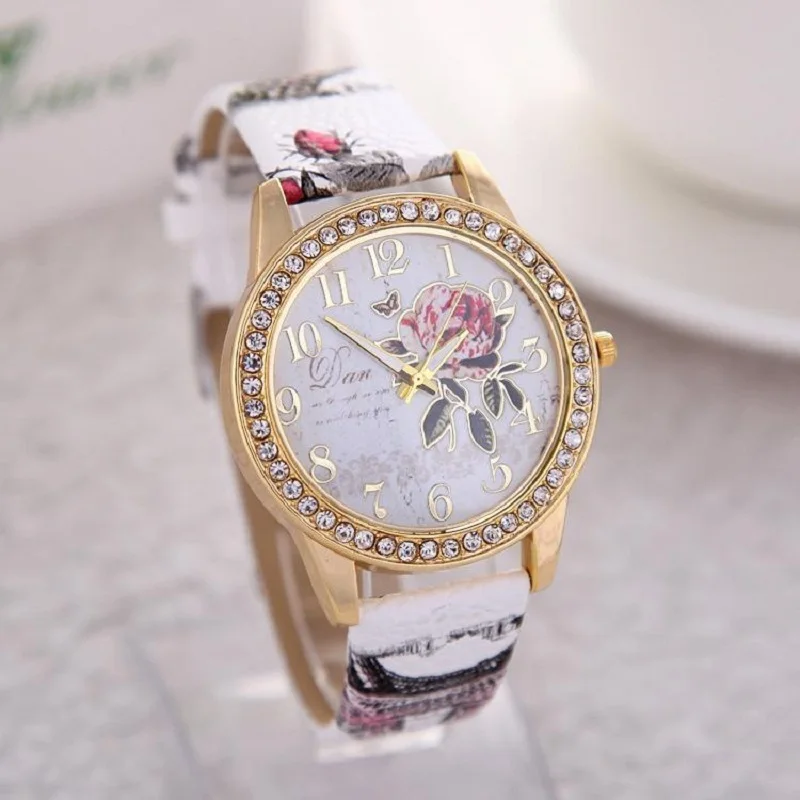 Reloj mujer женские часы с цветочным узором из роз циферблат наручные кожаным