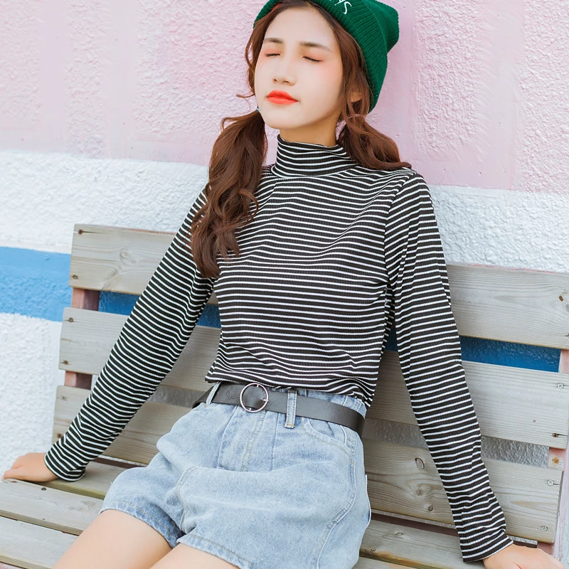 Для женщин свитеры для леди Kawaii Ulzzang черный и белый полосатый свитер с длинными