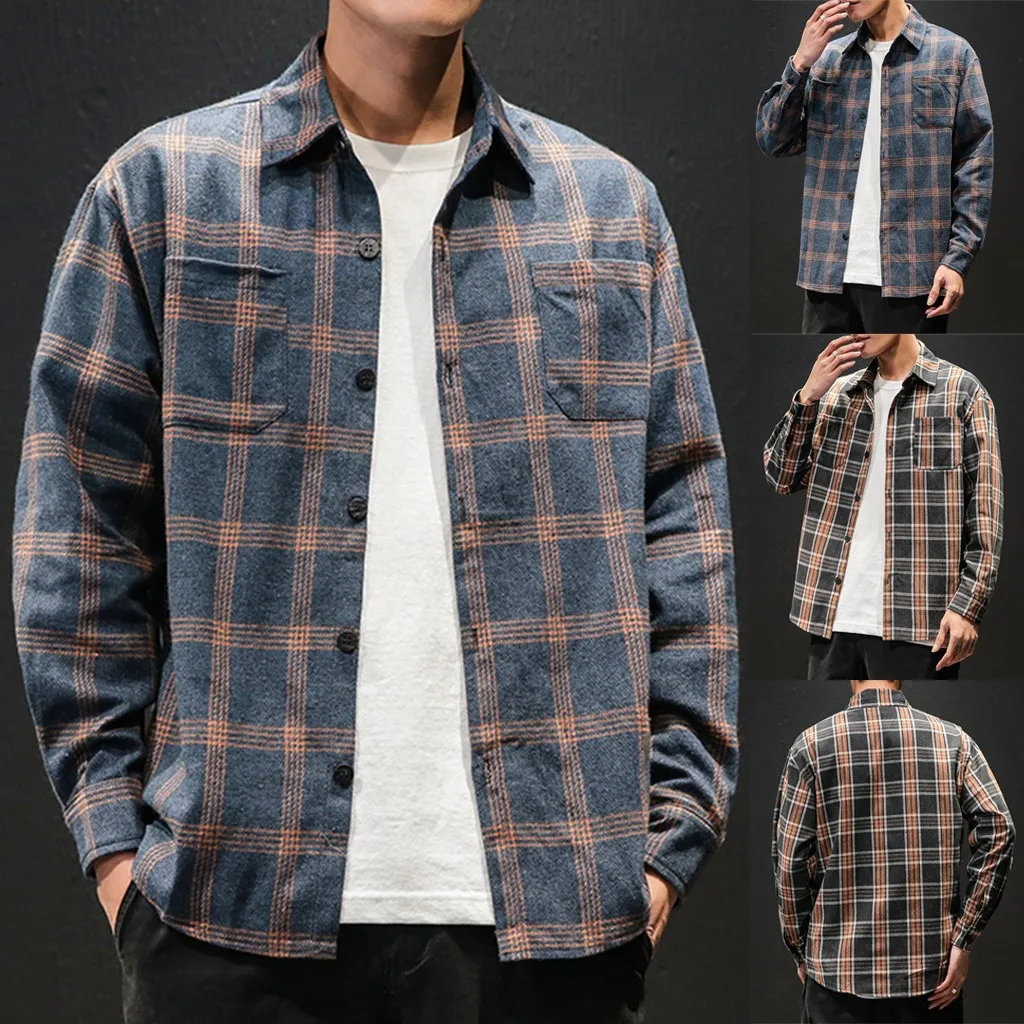Camisa рубашка осенне-зимний синий плед Клетчатый рубашка мужские рубашки с длинными рукавами Chemise Homme хлопковые мужские рубашки в клетку
