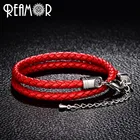 Женский двойной плетеный кожаный браслет REAMOR, простой красный браслет из нержавеющей стали 316L с длинной цепочкой 5 см, модные мужские украшения