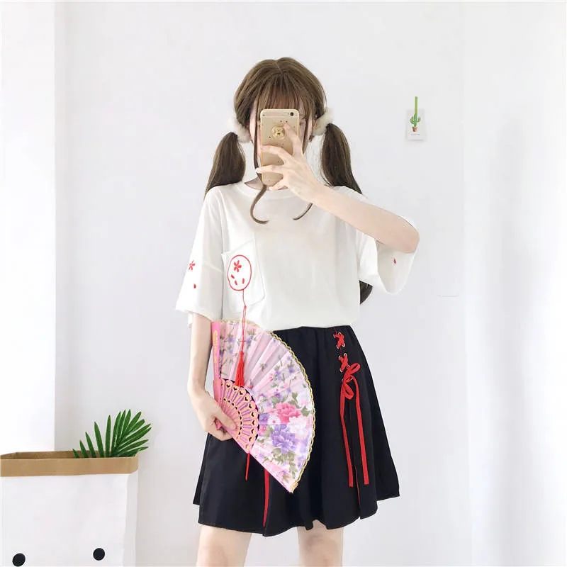 Летняя футболка с принтом Kawaii Japan, женская черная летняя футболка, топ, одежда в стиле Харадзюку, футболки для девочек, футболка, уличная одежда