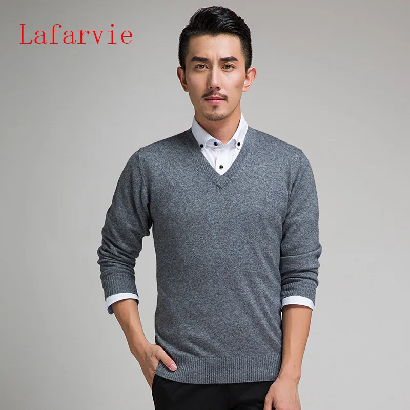 Темно-серый Lafarvie, новинка, тонкий вязаный кашемировый шерстяной свитер, мужские топы, пуловеры, Осень-зима, теплые, повседневные, одноцветные, v-образный вырез, длинный рукав, пуловер - Цвет: Темно-серый