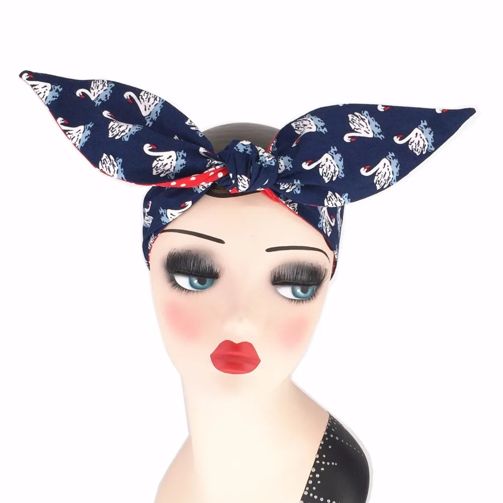 women vintage headband in navy swan and red polka dot rockabilly pinup hair accessories bandana wire inside scarf band wrap |