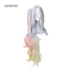 Ccutoo без игры No Life Shiro 120 см, синий, розовый, желтый микс, длинные вьющиеся синтетические парики для косплея, волосы с чипом конского хвоста