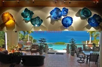 blue and amber dale chihuly style hand blown glass hanging plates wall art decoration