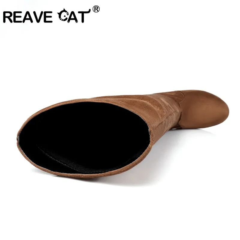 REAVE CAT/ Сапоги выше колена женские сапоги на среднем квадратном каблуке пикантные женские модные сапоги из эластичной ткани на молнии цвет черный, коричневый; A082