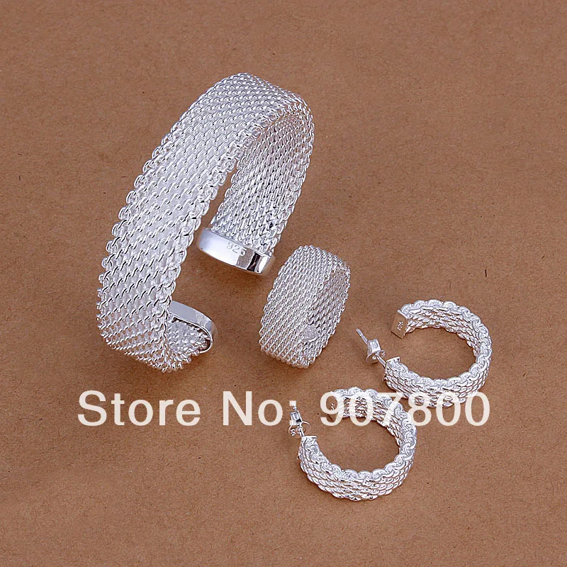 Посеребренные Ювелирные наборы сетчатые браслеты кольцо и серьги-гвоздики