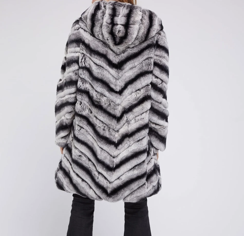 

90cm Long Lexus Rex Rabbit Fur/Chinchilla Fur Coat/Grey Striped Outwear/Plus Size Custom Fur Coats Jacket Jackets