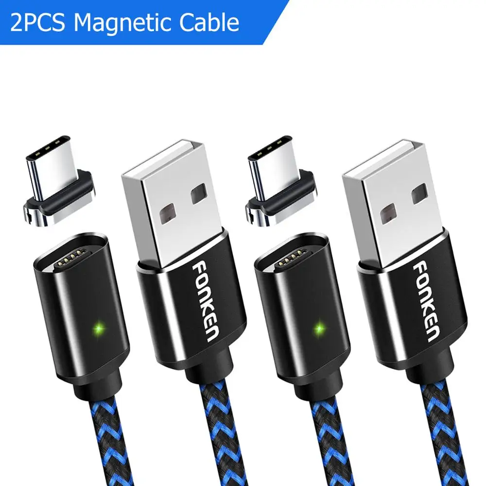2 Plug 2 black cable Магнитный кабель FONKEN usb type C для быстрой зарядки, магнитный кабель type-C для зарядки мобильных телефонов Android, нейлоновый шнур для синхронизации данных - Цвет: 2 Plug 2 black cable