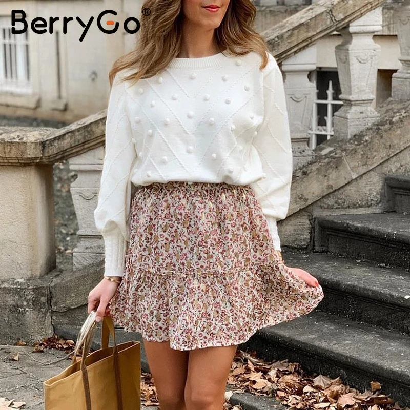 BerryGo Элегант вязаный помпон женский свитер джемпер Элегантный меховой O-образным