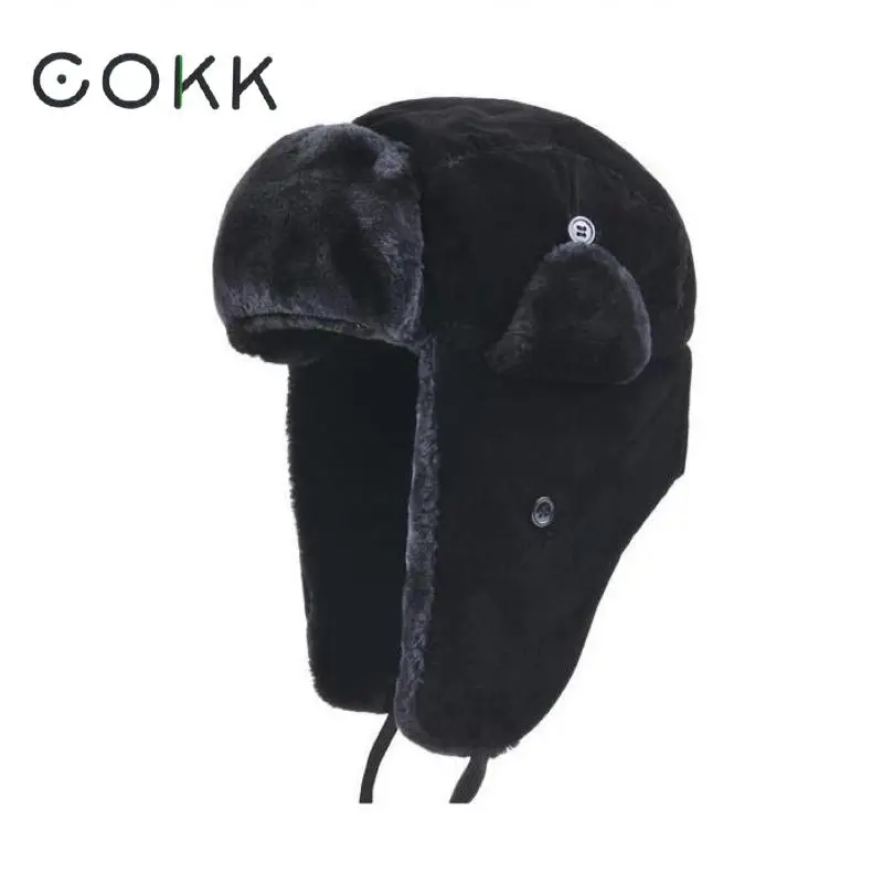 COKK Bomber Hat Female Winter Hats For Men Women Thick Warm Fur Velvet Cold Cap Bone Male Ear Protect Snow Russian Hat Ear Flap