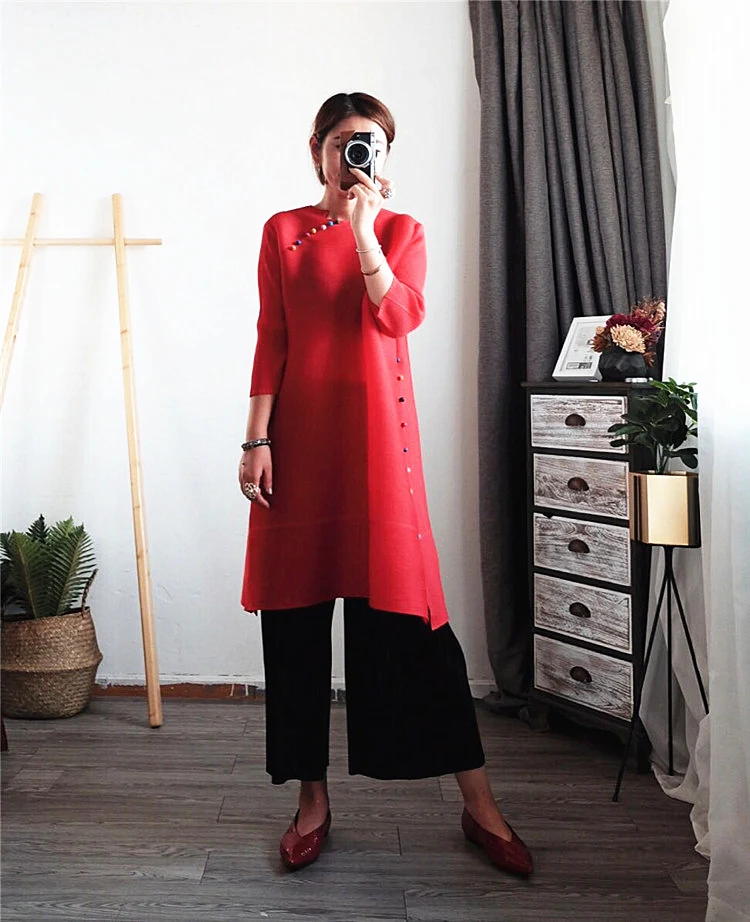 Лидер продаж осеннее платье миаке в стиле ретро элегантное свободное однотонное