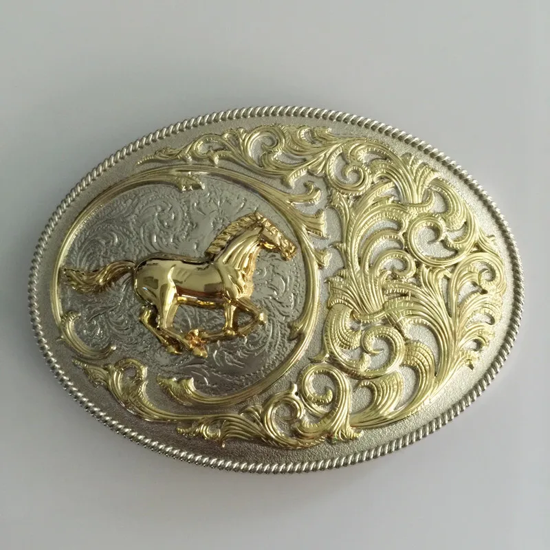 

Retail New High quality cool 3D Horse Pattern men's belt buckle with Oval Golden silver metal cowboy belt head fit 4cm Wide Belt