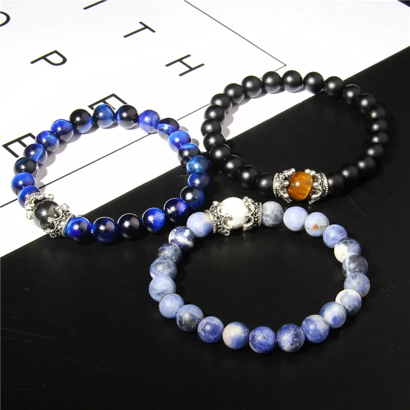 

Naturel Stone Bracelets Men Silver Color Crown Bracelets Couple Tiger Eye Beads Bracelets Men Jewelry Male hommes Bileklik