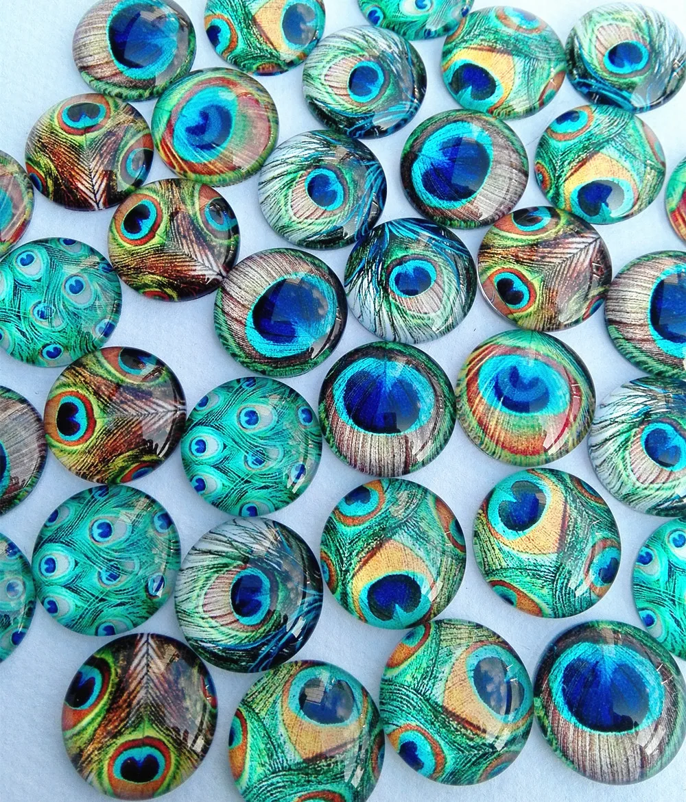 30 шт./лот стеклянные кабошоны с павлиньими перьями круглые 20 мм плоской задней