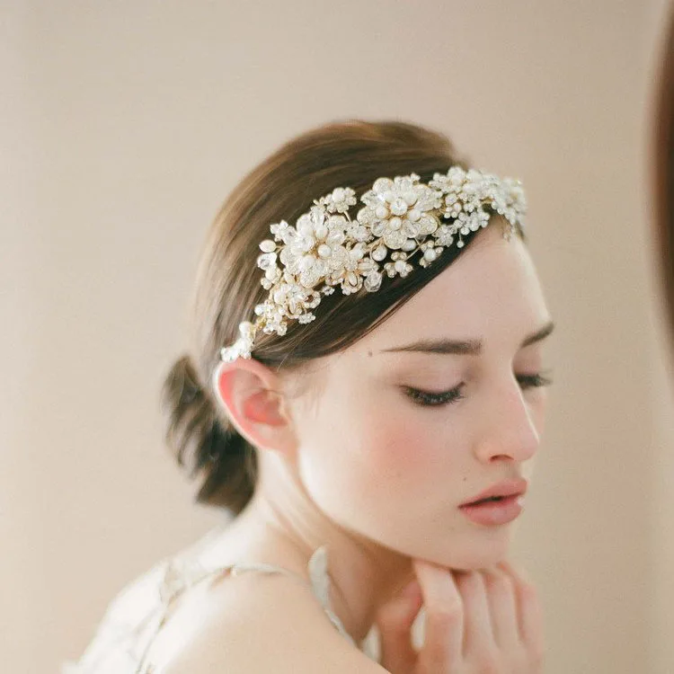

SLBRIDAL Handmade Crystal Rhinestones Pearls Flower Wedding Tiara Headband Bridal Headpieces Hair Accessories Bridesmaids Women