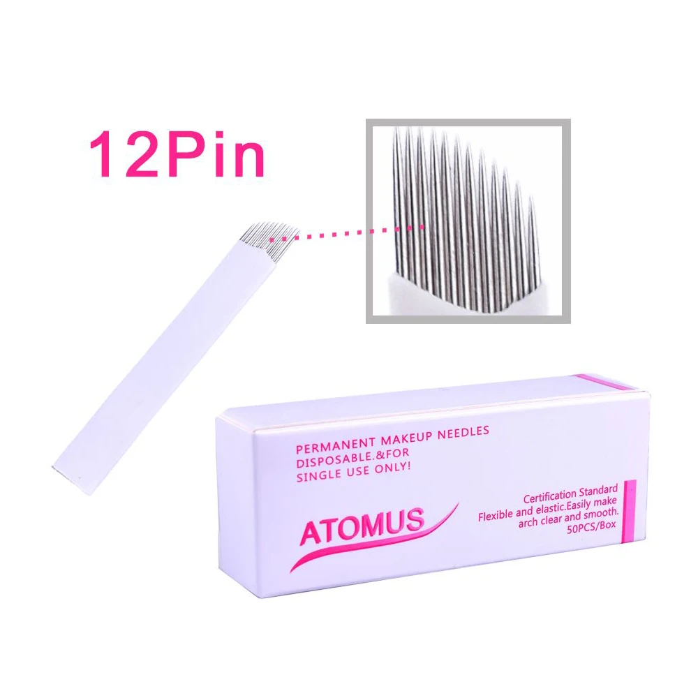 ATOMUS 50 шт. 12 штифтов для тату бровей Изогнутое лезвие Перманентный макияж ручная Татуировка бровей микроблейдинг лезвие для татуажа аксессуары