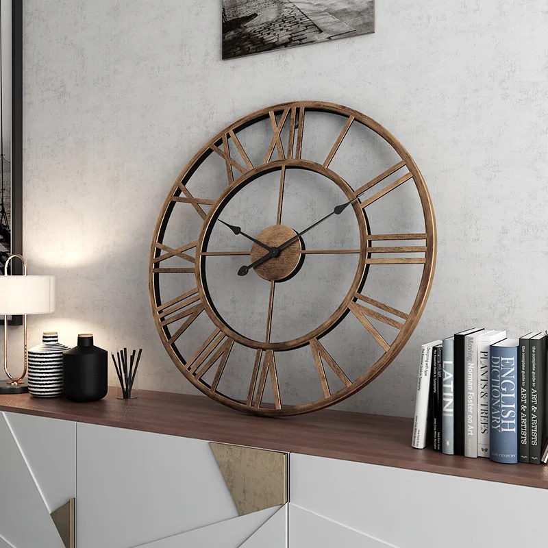 Римские цифры креативные винтажные кованые 3D часы настенные часы современный дизайн кафе бар круглые кварцевые часы большие часы на стену