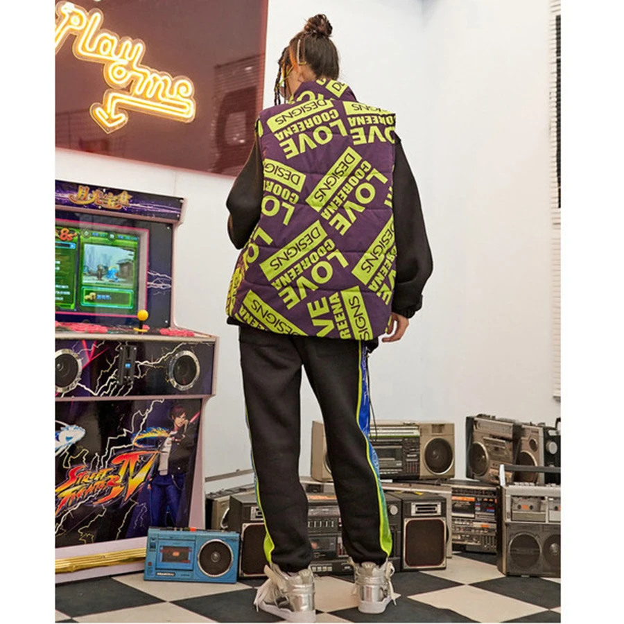 Women's Vest Black L Letter Printed Casual Winter Vests for Women Sleeveless Jacket Mandarin Collar Harajuku Female Vest 60B0030