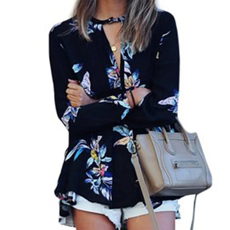 Шеран Женские топы и блузки с v образным вырезом принтом тонкий длинный рукав