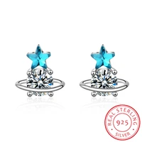 women trendy 925 silver blue crystal star cute planet small stud earring for girl lady simple party earring gift jewelry