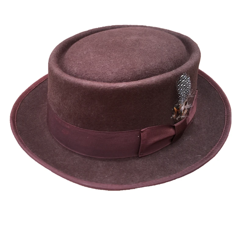 Classic Wool Felt Brown Pork Pie Hat   Porkpie Jazz Fedora Hat Round Top Trilby Stingy Brim Hats