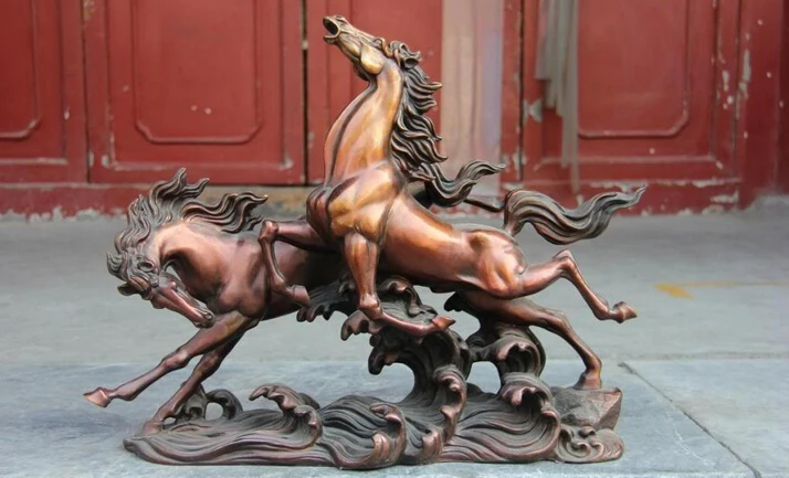 

song voge gem S0626 Chinese Royal Palace Pure Red Bronze Copper Fengshui Lucky Two War Horse Statue