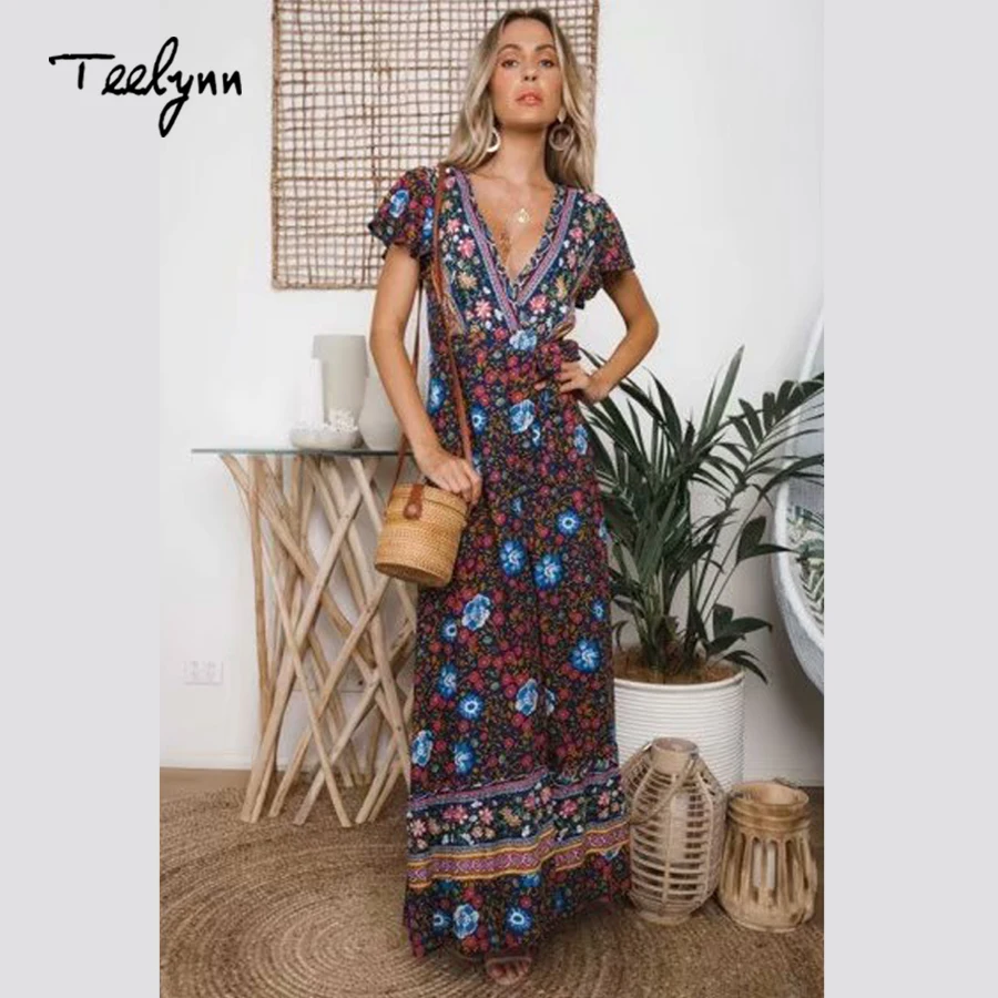 TEELYNN длинное платье для weomen фиолетовое с цветочным принтом сексуальное глубоким v