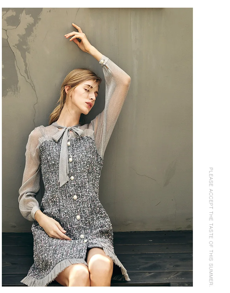 Женское платье с оборками элегантное однобортное сетчатое составного кроя