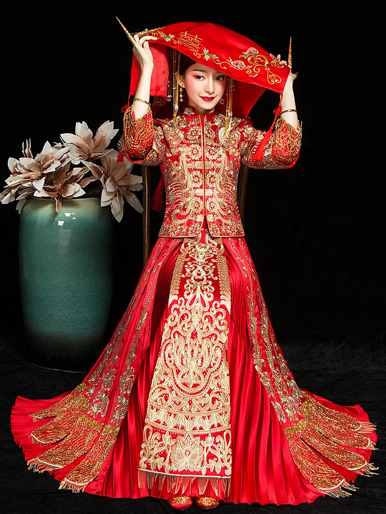 Высокое качество свадебное платье невесты Ципао красное китайское ткань с