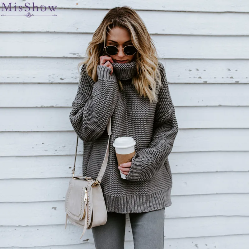 MisShow Winter Autumn Oversized Turtleneck Women Sweaters Solid Knitted Thick Warm Pullovers Crocheted Jumper Pull Femme | Женская