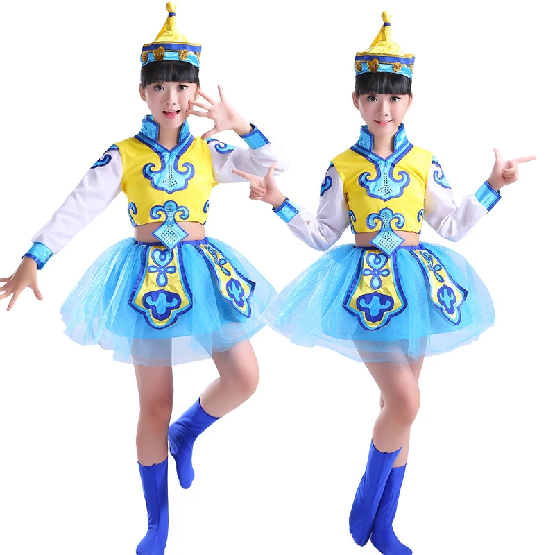 С головным убором Детские сценические костюмы Монголии китайские народные