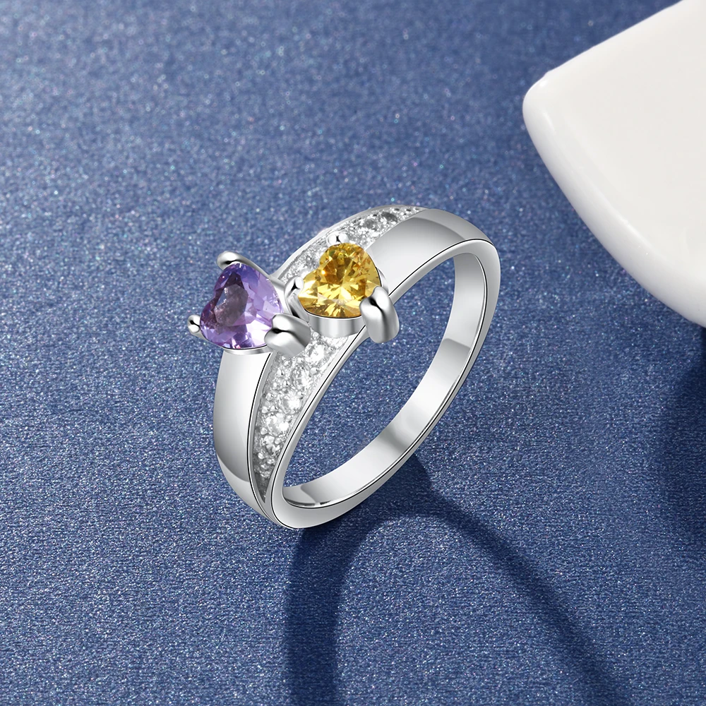 925 Sterling Silver Custom Name Ring with 2 Heart Birthstones Personalized Wedding Engagement Ring Mother Gift JewelOra RI103850