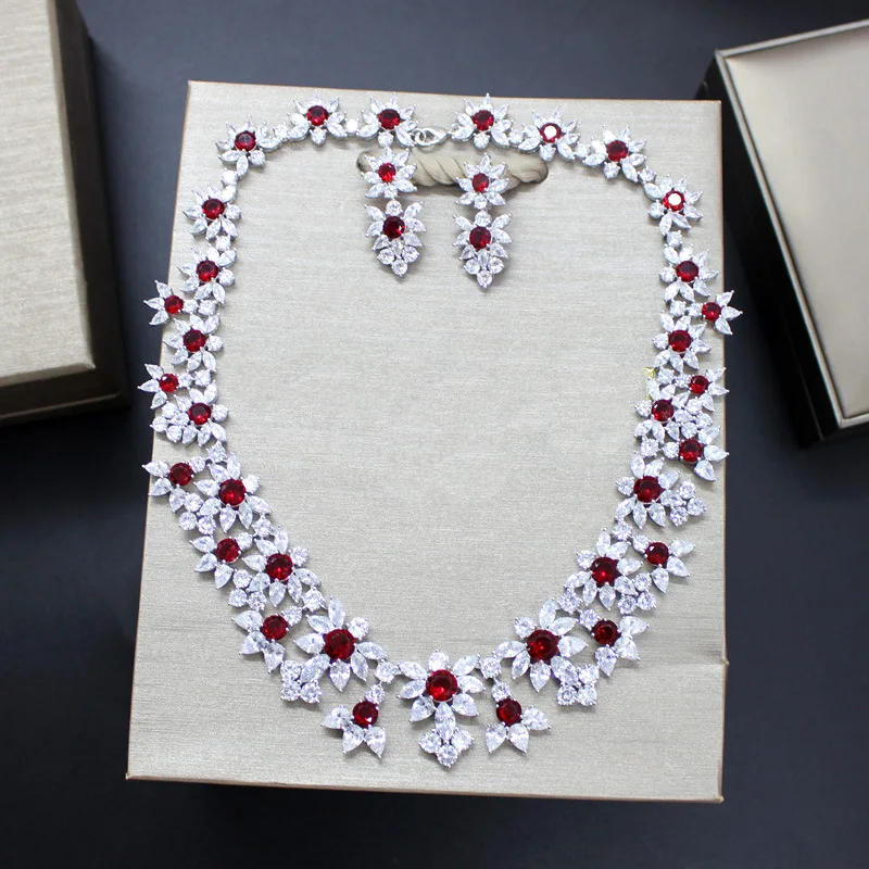 Дубай новая горячая мода кубический циркон красный цвет камень ожерелье и серьги