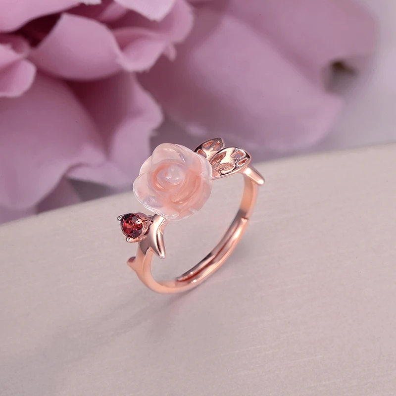Fine Jewelry 100% Silver Rings For Women Rose Quartz Natural Gemstone Flower Pink Romantic Cute Wedding Ring CCRI025 | Украшения и