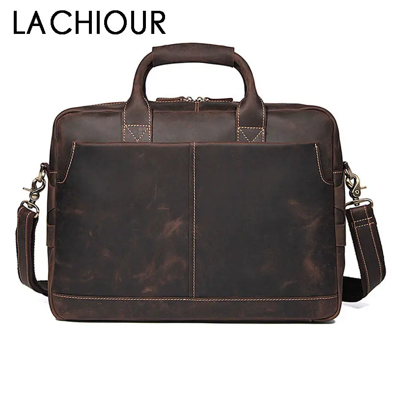 LACHIOUR Crazy Horse Leather Man Bag Handbag Men's Bags New men Messenger Bags Casual Male Shoulder Laptop Briefcase