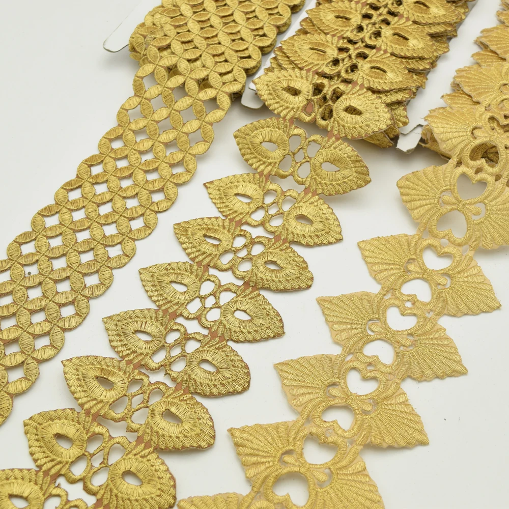 

5Yards Black Fabric Lace Trim Gold Color Embroidery African lace trim fabric for Women