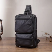 quality leather men casual fashion travel triangle chest sling bag black design 10 tablet one shoulder bag daypack male 3080 1